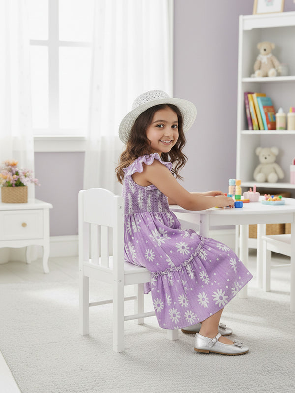 Girls Lavender Daisy Print Ruffle Sleeve Party Dress