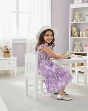 Girls Lavender Daisy Print Ruffle Sleeve Party Dress