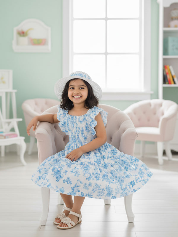 Glamgait White Floral Printed Flared Sleeve Girls Dress