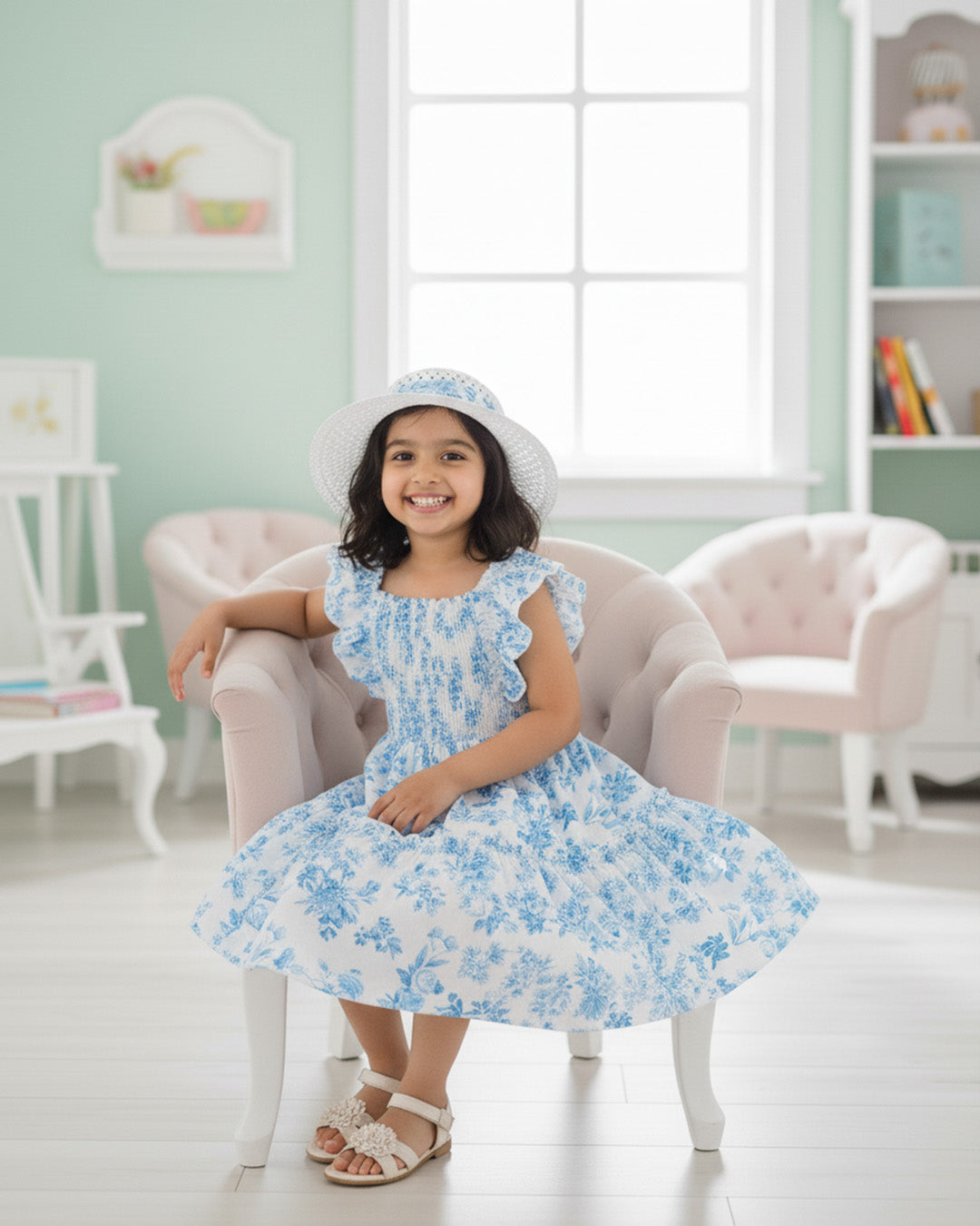 Glamgait White Floral Printed Flared Sleeve Girls Dress