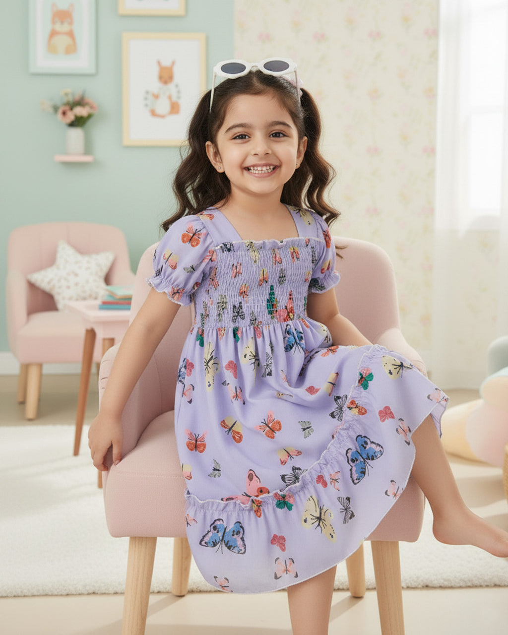 Glamgait Purple Color Butterfly Printed Short Sleeve Kids Dress