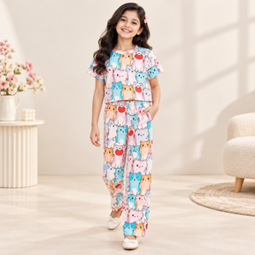  Girls Multicolor Cat Print Co-Ord Set