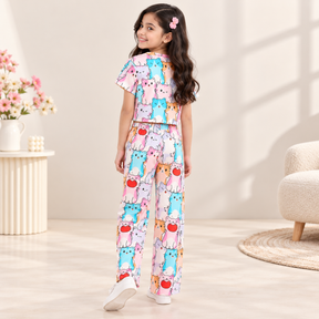  Girls Multicolor Cat Print Co-Ord Set