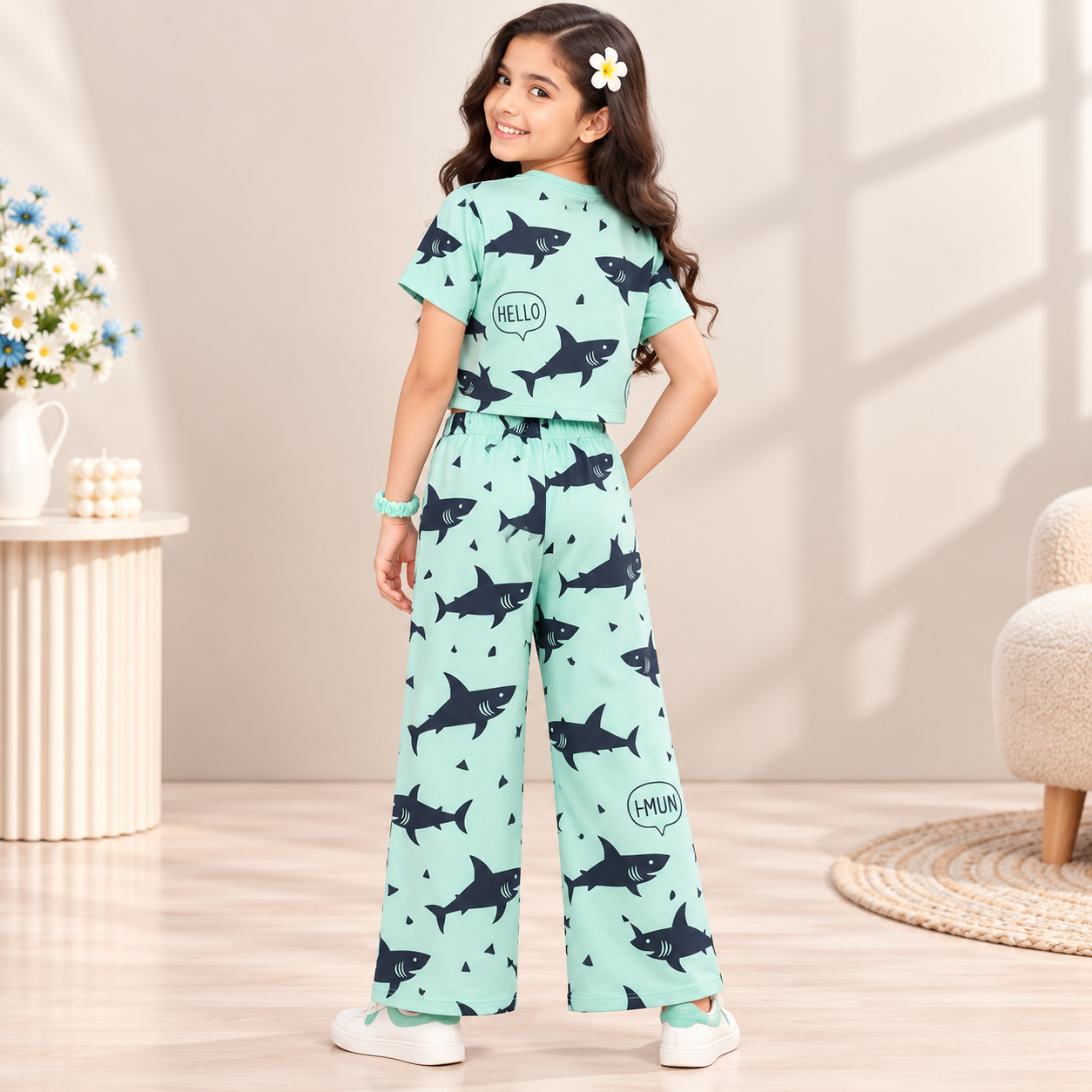 Girls Mint Green Shark Print Co-Ord Set with Crop Top & Wide Leg Pants