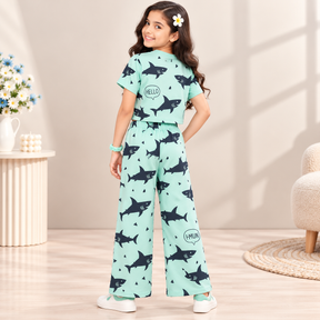 Girls Mint Green Shark Print Co-Ord Set with Crop Top & Wide Leg Pants