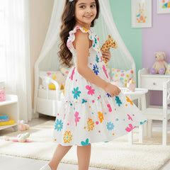 Girls White Floral Print Ruffle Sleeve Party Dress