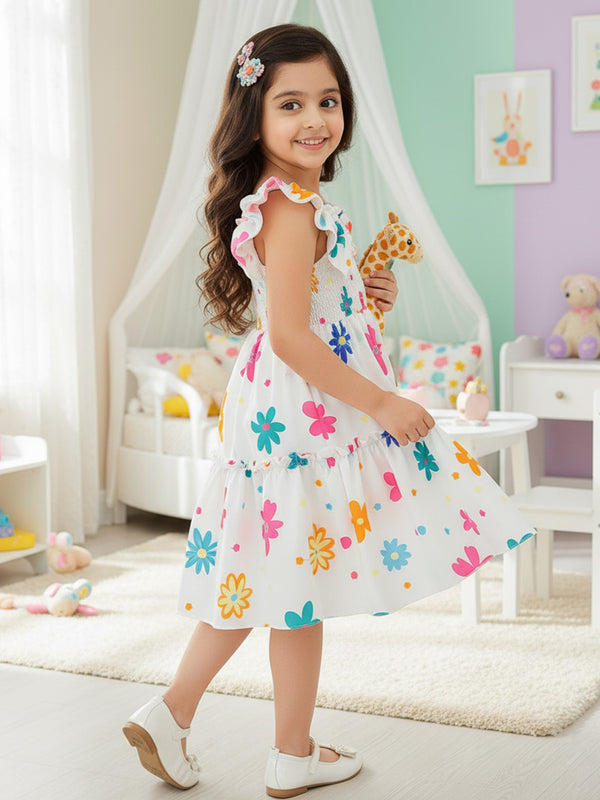 Girls White Floral Print Ruffle Sleeve Party Dress