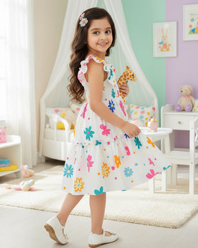 Girls White Floral Print Ruffle Sleeve Party Dress
