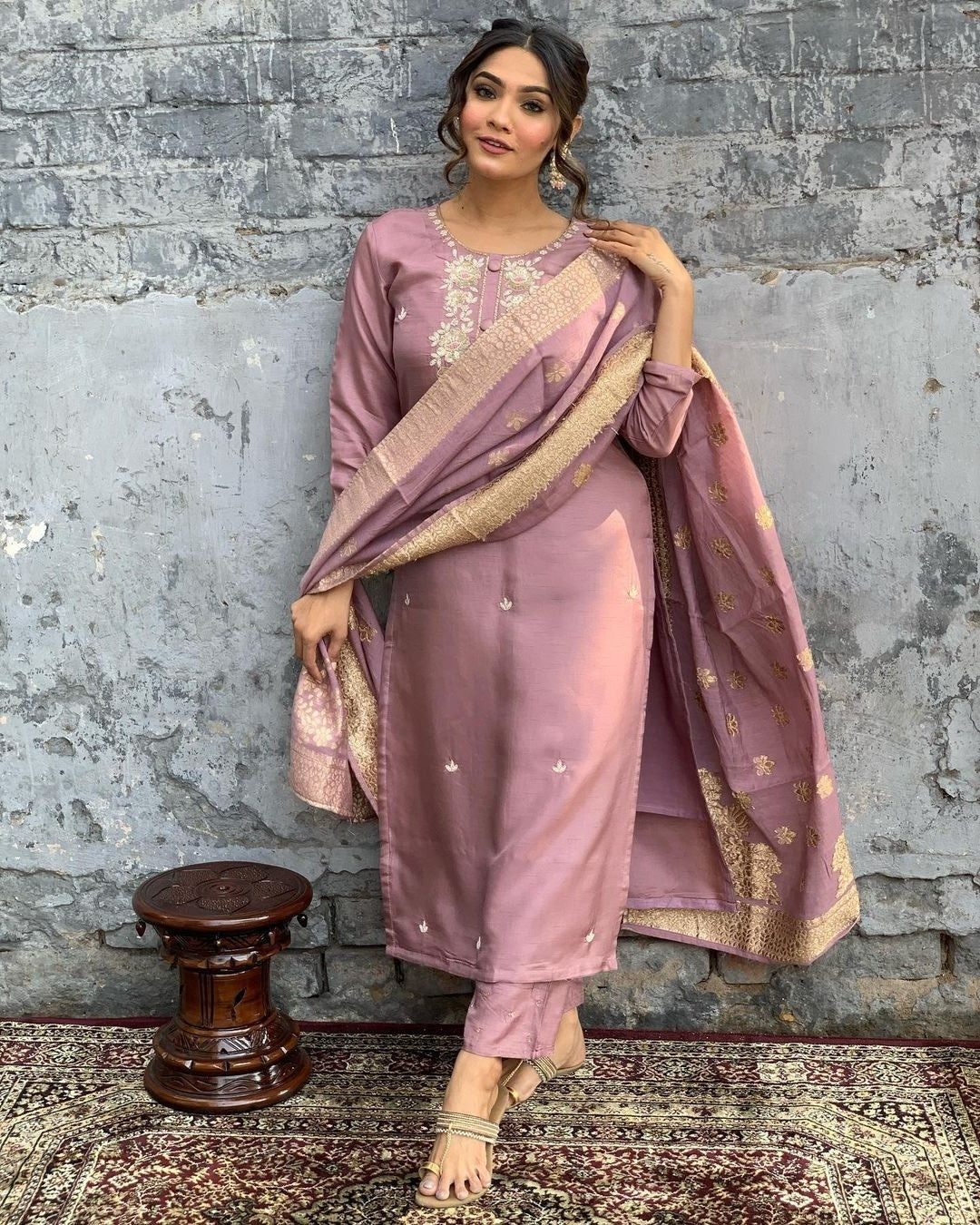 Dusty Rose Silk Kurta Set with Banarasi Dupatta