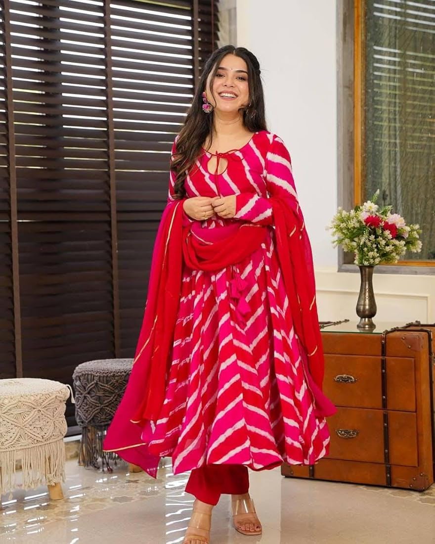 Red Leheriya Anarkali Kurta Set with Dupatta