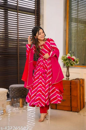 Red Leheriya Anarkali Kurta Set with Dupatta