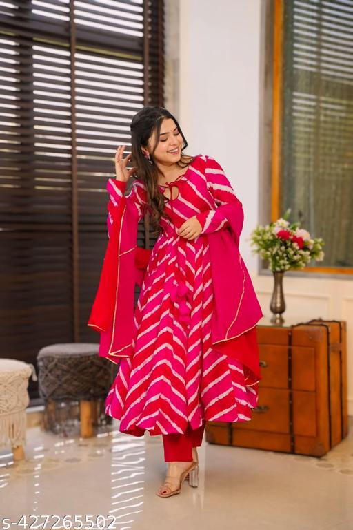 Red Leheriya Anarkali Kurta Set with Dupatta