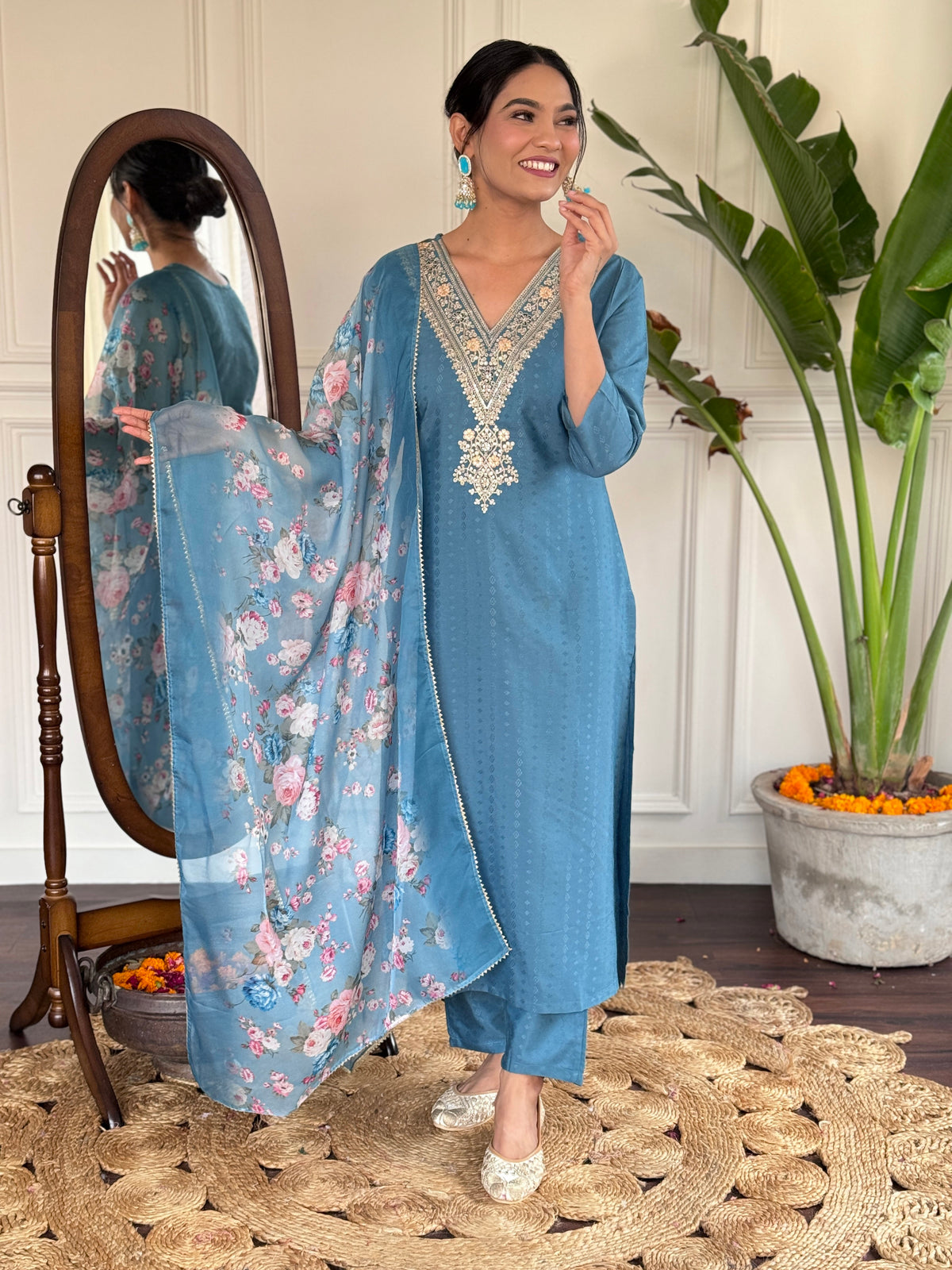 Elegant Teal Blue Embroidered Kurta Pant Set with Floral Organza Dupatta for Women