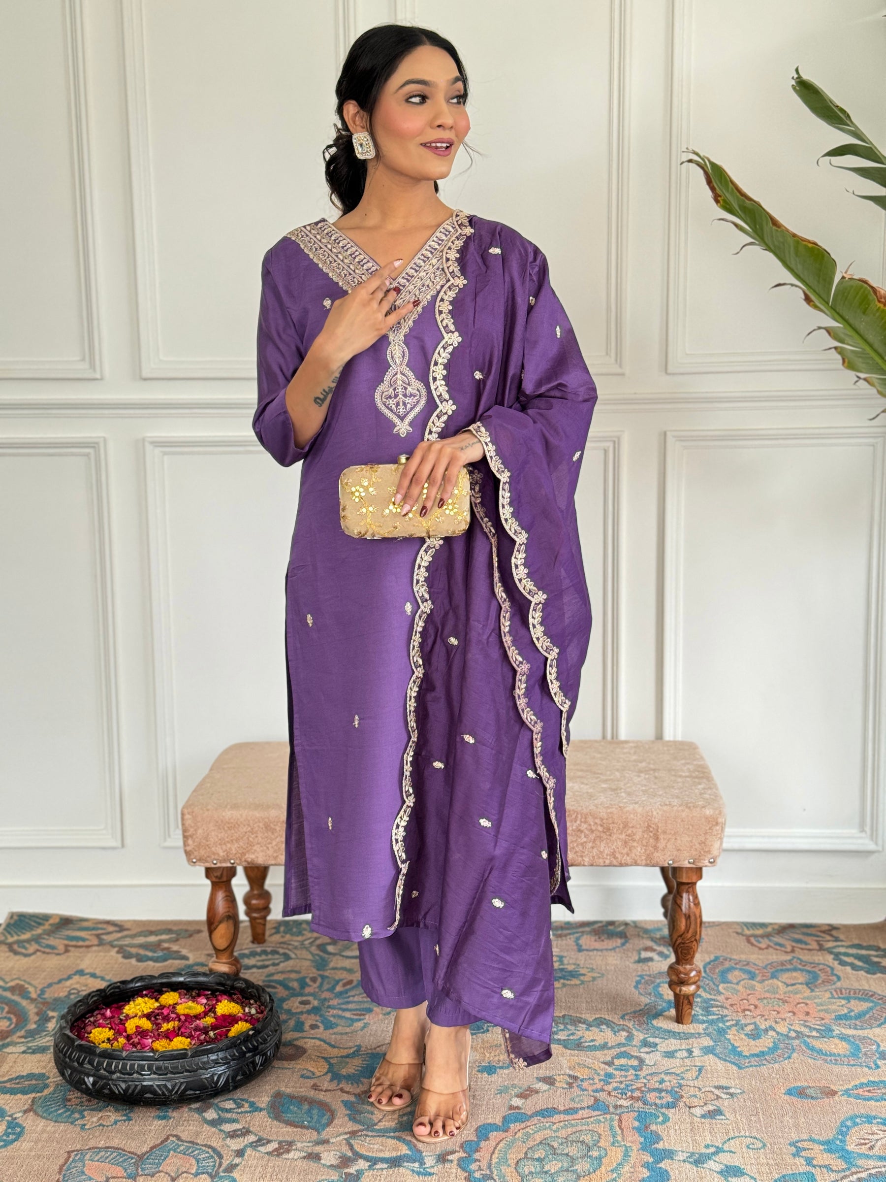Royal Purple Embroidered Kurta Pant Set for Women