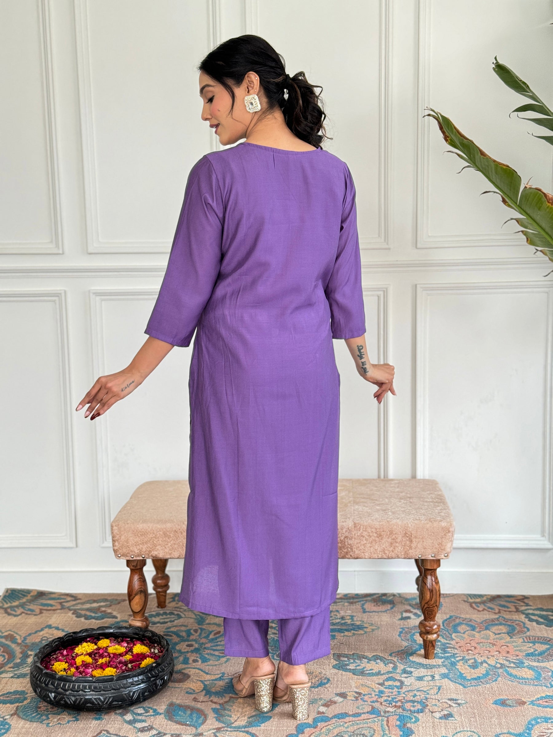 Royal Purple Embroidered Kurta Pant Set for Women