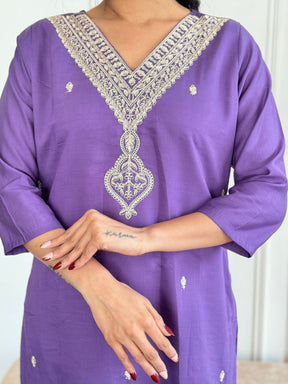 Royal Purple Embroidered Kurta Pant Set for Women