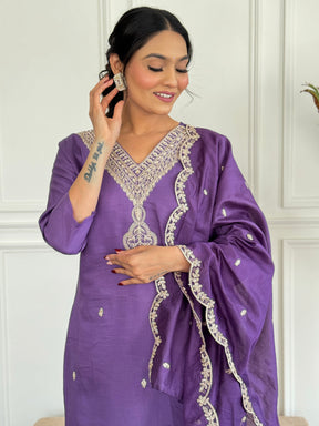 Royal Purple Embroidered Kurta Pant Set for Women