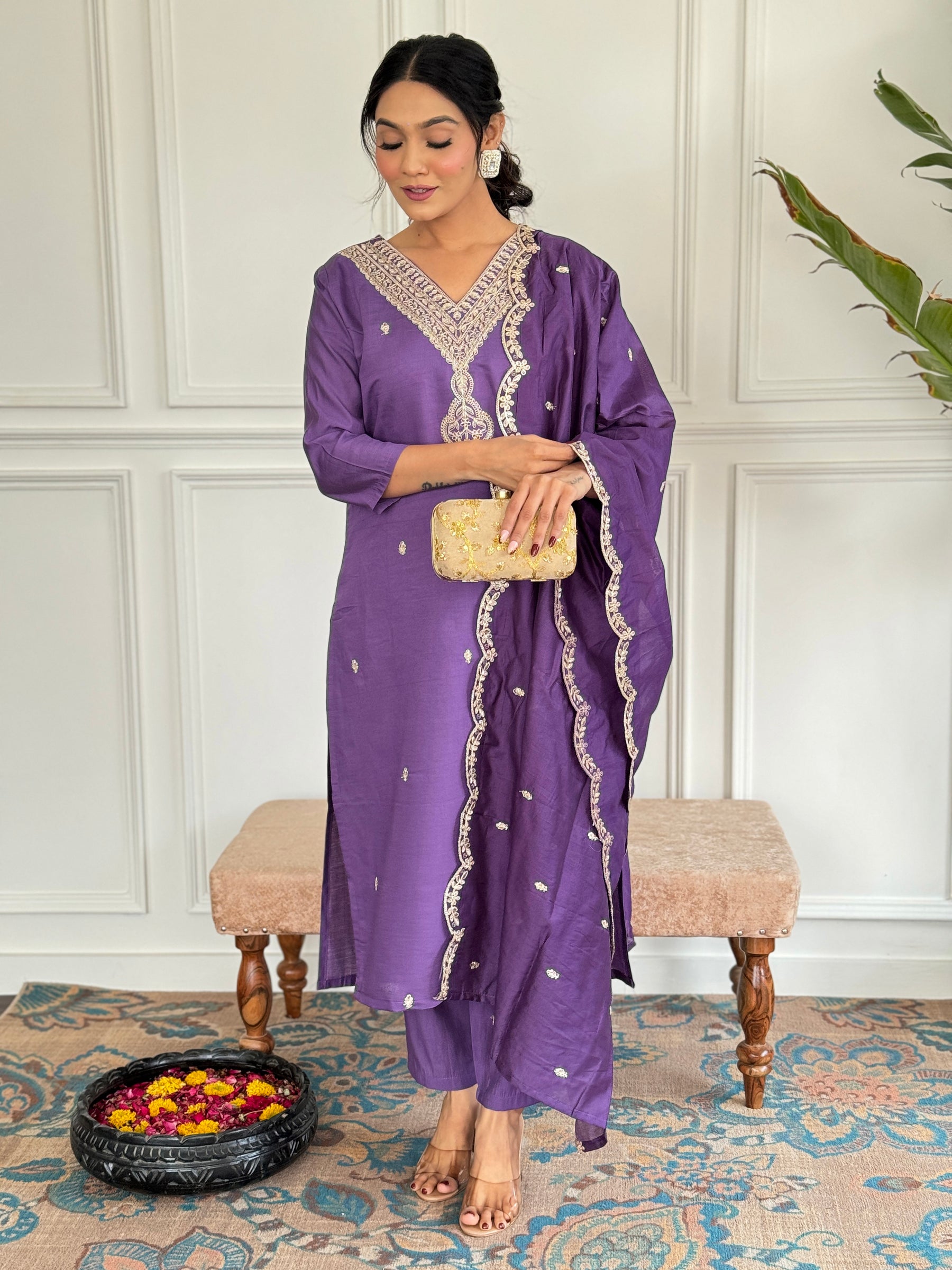 Royal Purple Embroidered Kurta Pant Set for Women