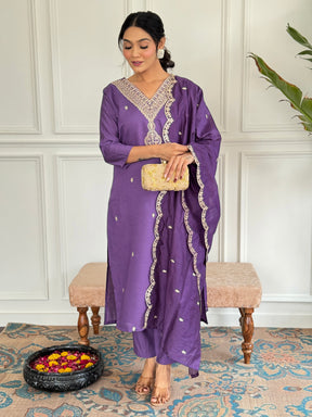 Royal Purple Embroidered Kurta Pant Set for Women