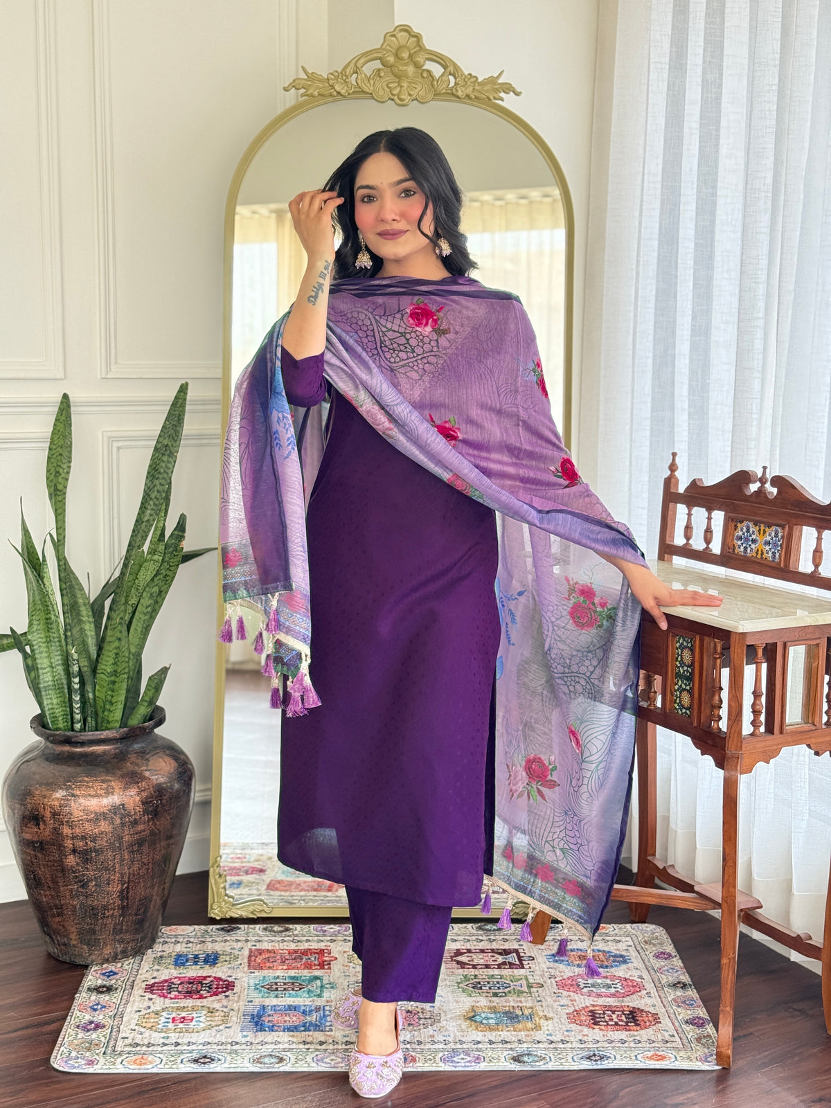 Deep Purple Kurta Pant Set with Floral Organza Dupatta