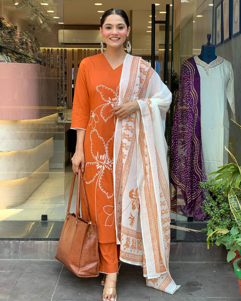 Rust Orange Floral Kurta Set with Dupatta for Women