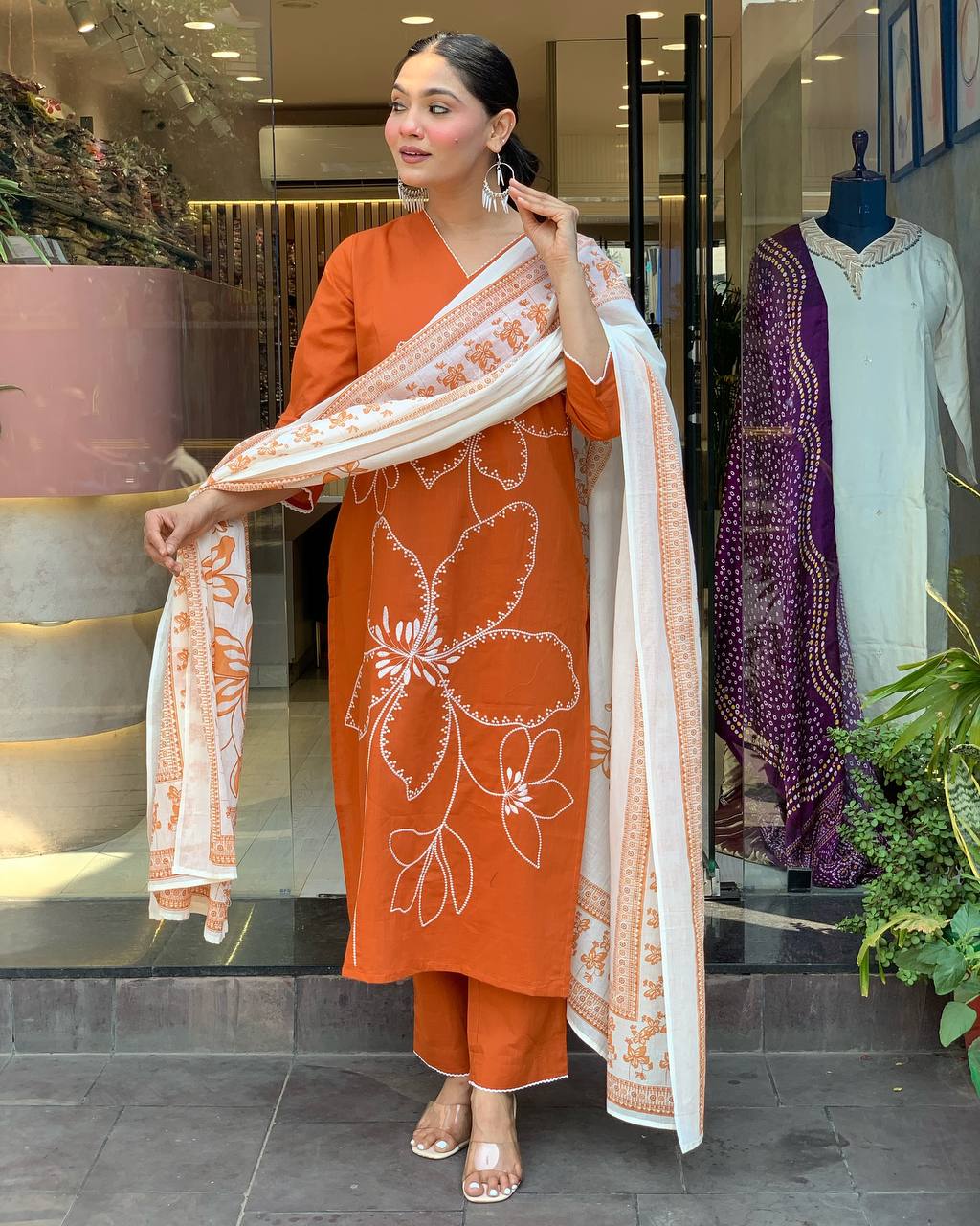 Rust Orange Floral Kurta Set with Dupatta for Women