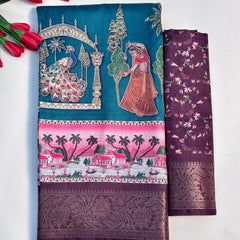 Elegant Printed Art Silk Saree with Cultural Motif & Scenic Border Design
