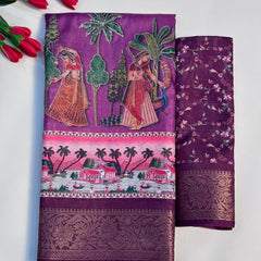 Elegant Printed Art Silk Saree with Cultural Motif & Scenic Border Design