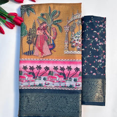 Elegant Printed Art Silk Saree with Cultural Motif & Scenic Border Design
