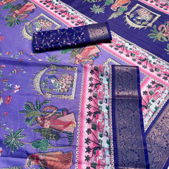 Elegant Printed Art Silk Saree with Cultural Motif & Scenic Border Design