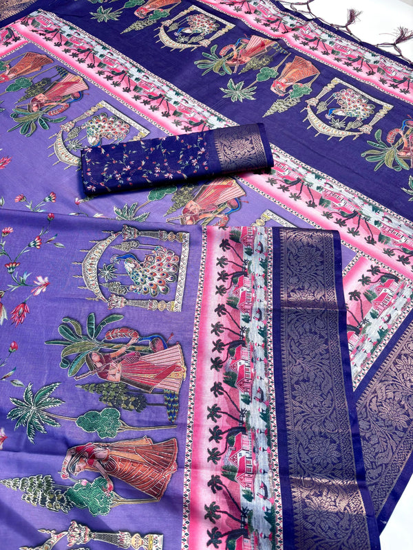 Elegant Printed Art Silk Saree with Cultural Motif & Scenic Border Design