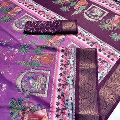 Elegant Printed Art Silk Saree with Cultural Motif & Scenic Border Design