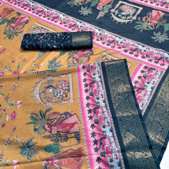Elegant Printed Art Silk Saree with Cultural Motif & Scenic Border Design