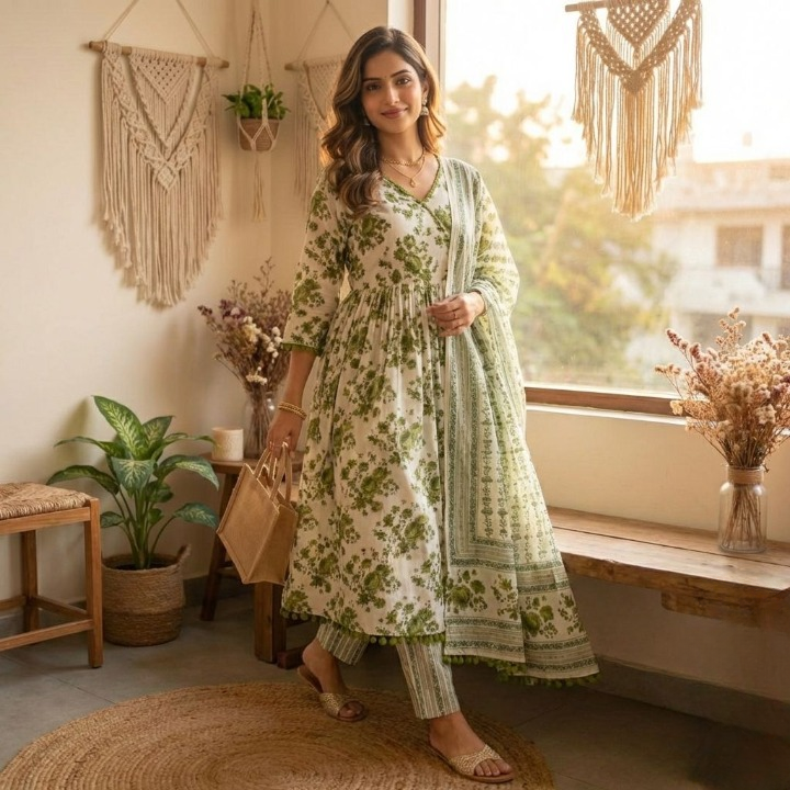 Green Floral Printed Anarkali Kurta Set with Dupatta for Women