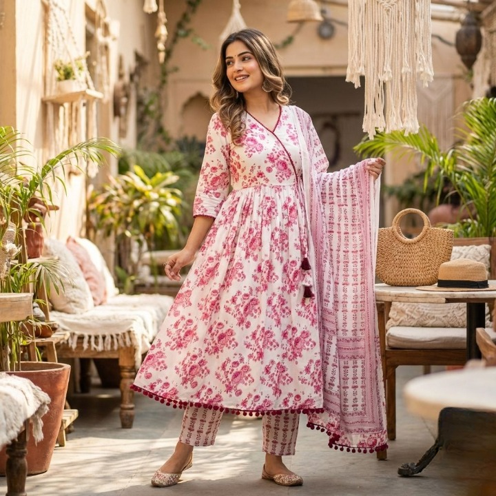 Pink Floral Printed Anarkali Kurta Set with Dupatta for Women