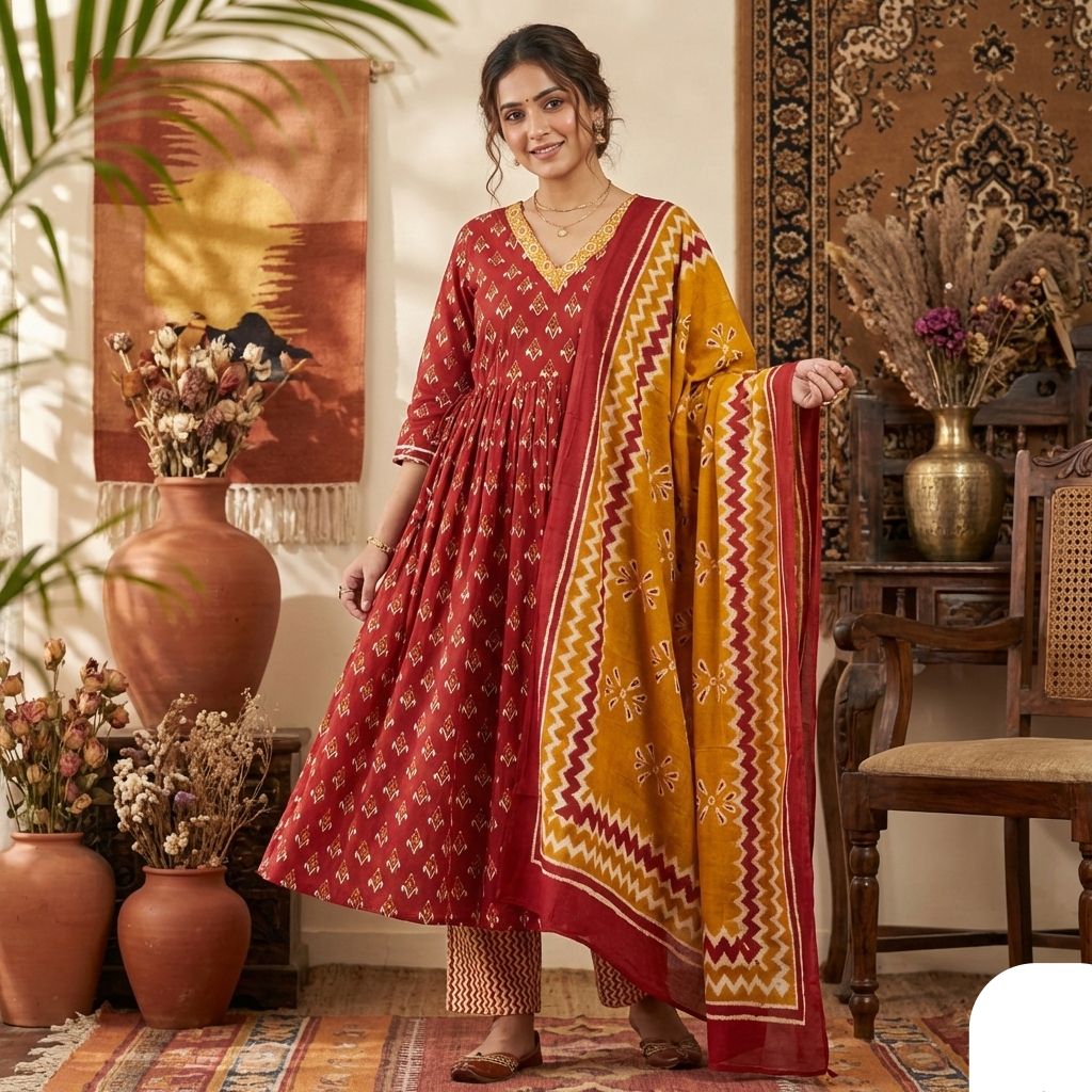 Red & Mustard Printed Anarkali Kurta Set with Dupatta for Women