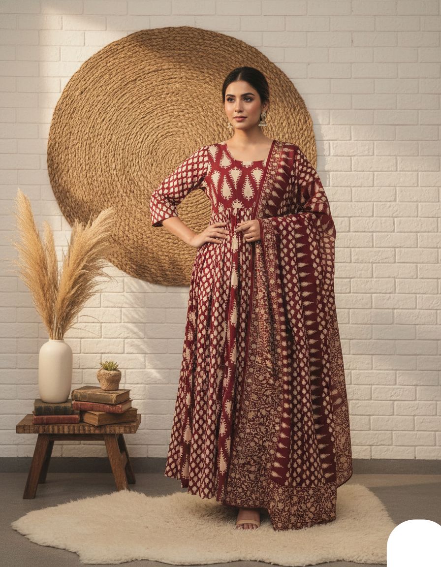 Maroon Printed Anarkali Kurta Set with Dupatta