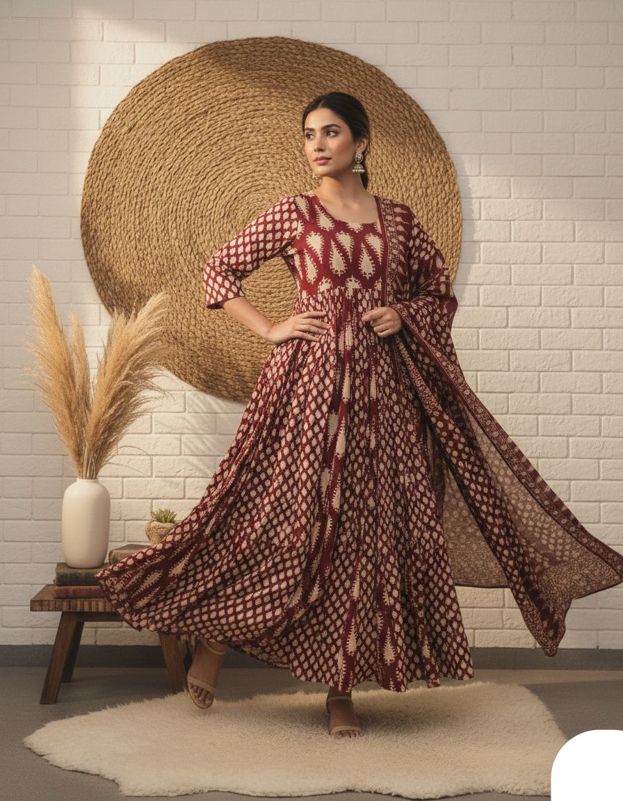 Maroon Printed Anarkali Kurta Set with Dupatta