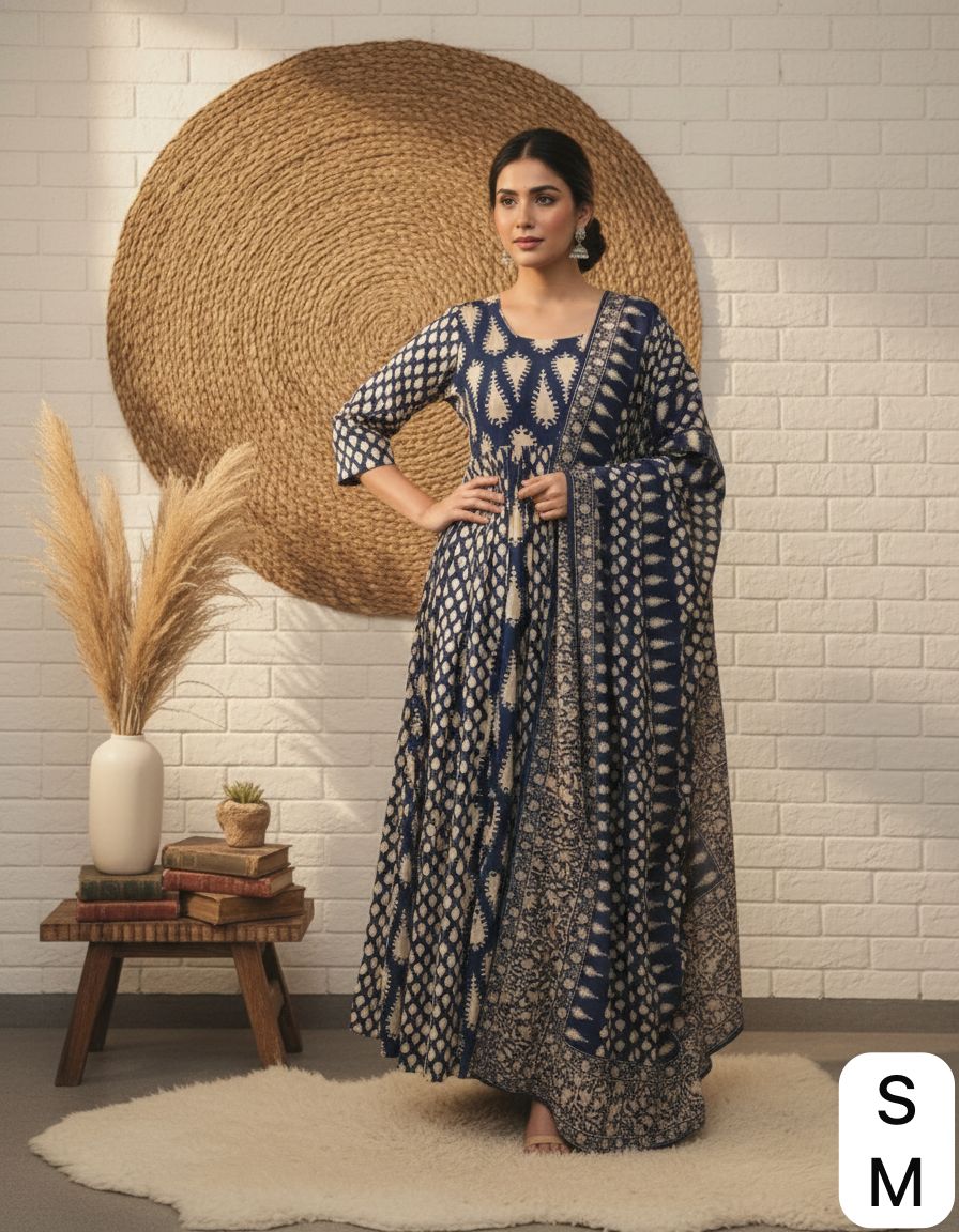 Navy Blue Printed Anarkali Kurta Set with Dupatta