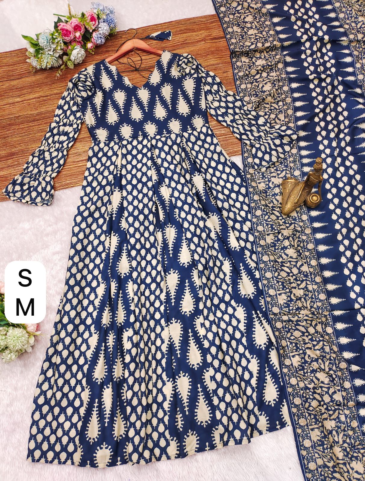 Navy Blue Printed Anarkali Kurta Set with Dupatta