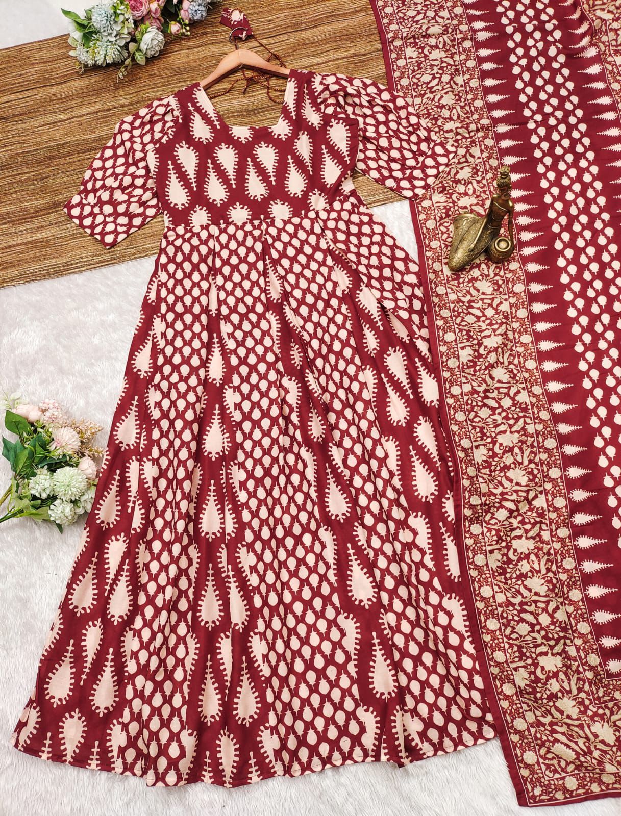 Maroon Printed Anarkali Kurta Set with Dupatta