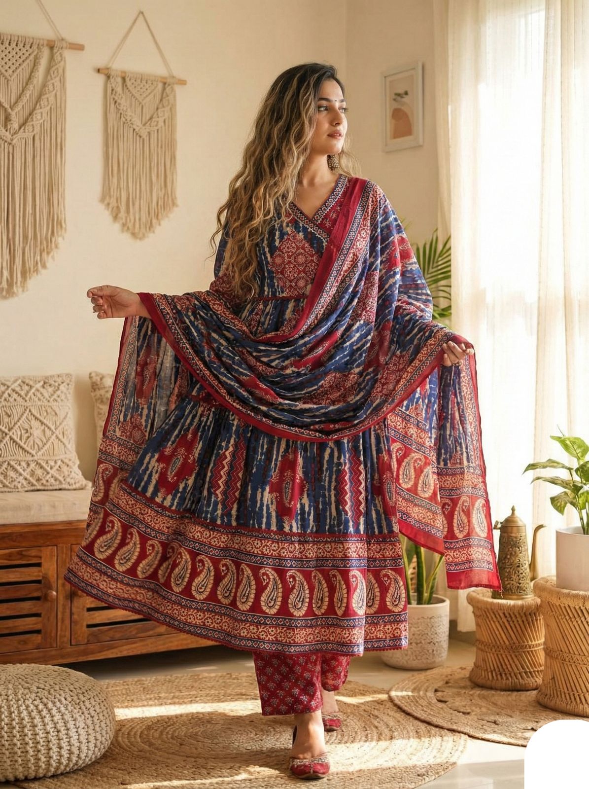 Blue & Maroon Printed Anarkali Kurta Set with Dupatta