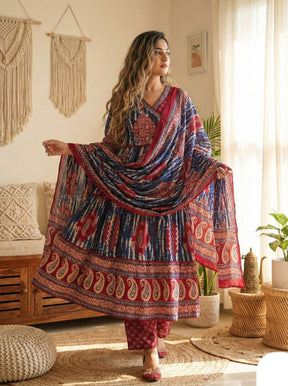 Blue & Maroon Printed Anarkali Kurta Set with Dupatta