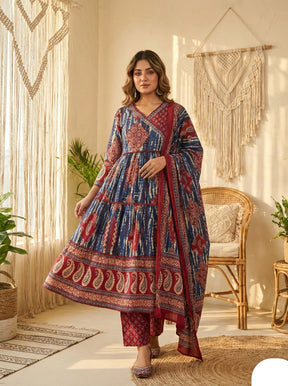 Blue & Maroon Printed Anarkali Kurta Set with Dupatta