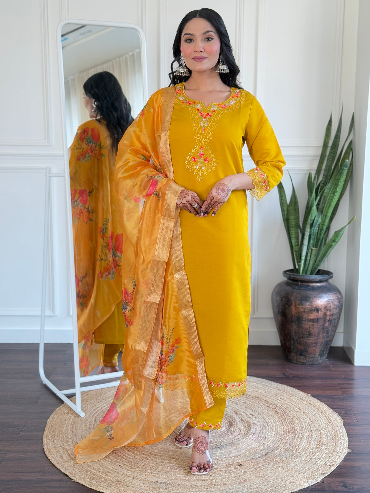 Mustard Yellow Embroidered Kurta Set with Organza Dupatta