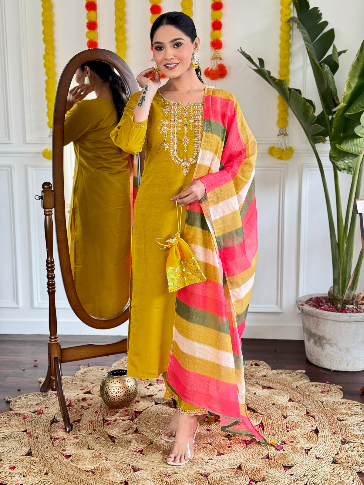 Mustard Yellow Festive Kurta Set with Multicolor Dupatta