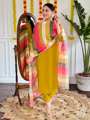 Mustard Yellow Festive Kurta Set with Multicolor Dupatta