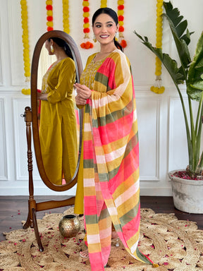 Mustard Yellow Festive Kurta Set with Multicolor Dupatta