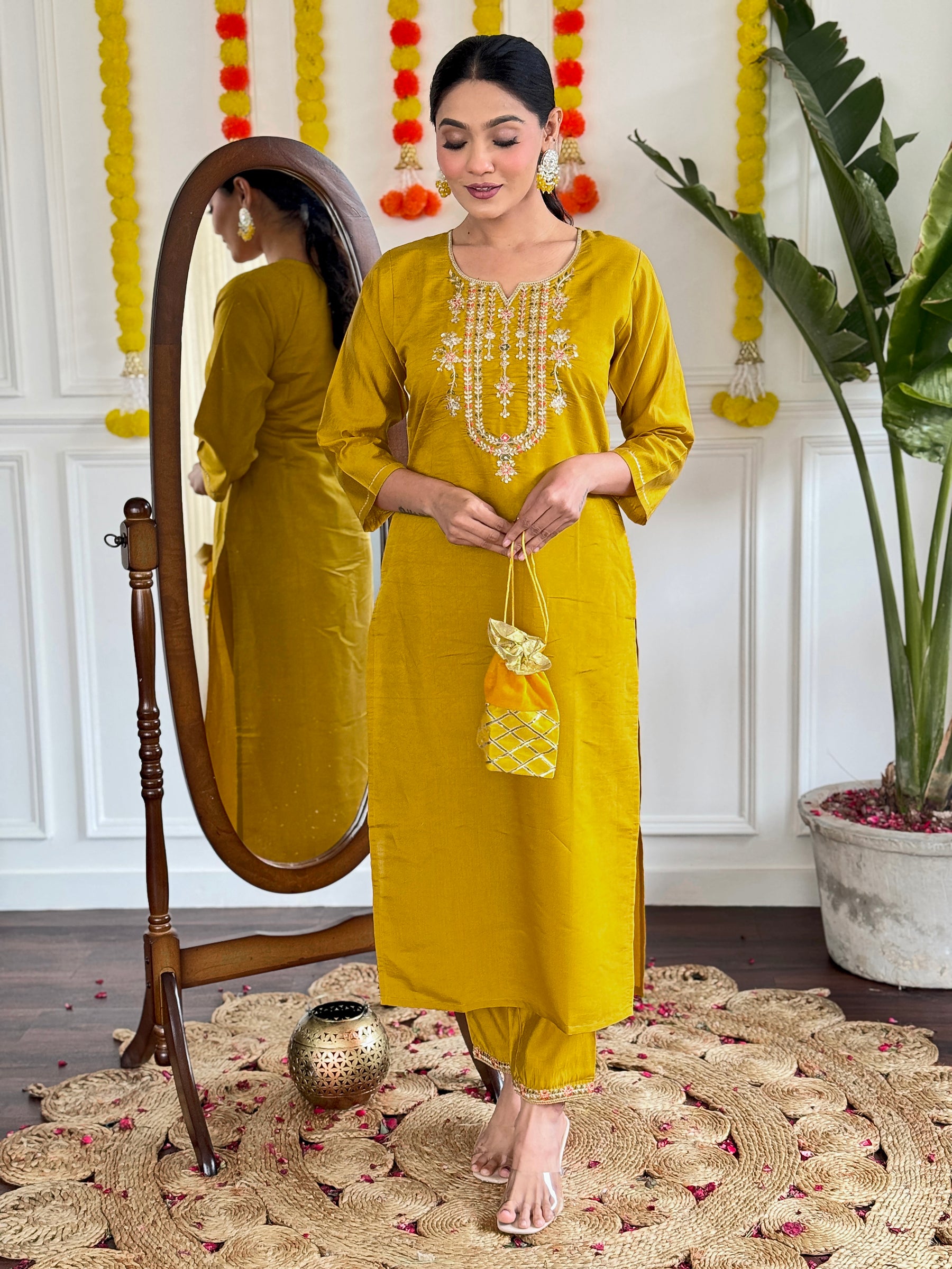 Mustard Yellow Festive Kurta Set with Multicolor Dupatta