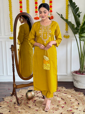 Mustard Yellow Festive Kurta Set with Multicolor Dupatta